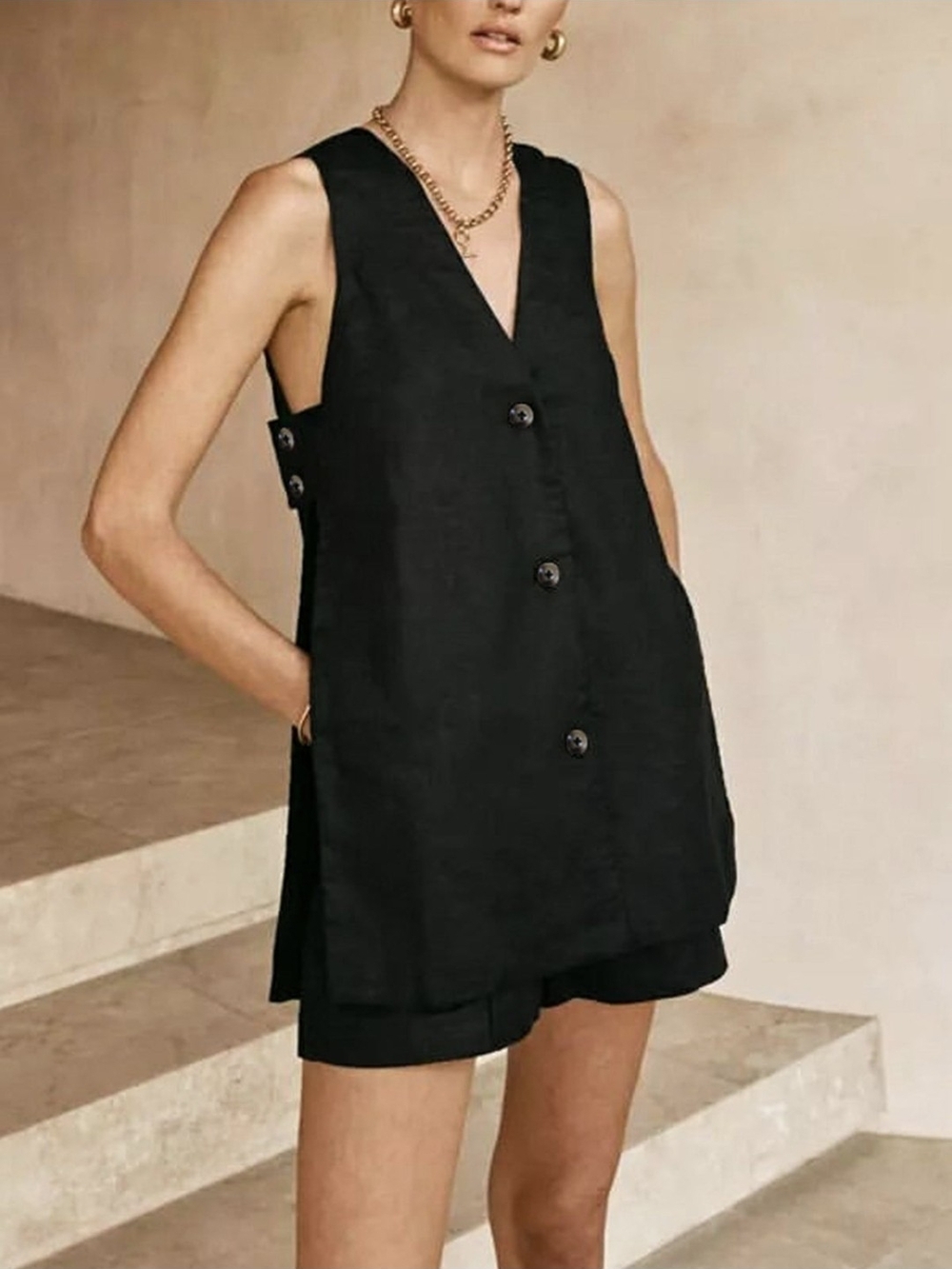 Commense Black High-Waist Shorts with Matching Black Tunic Vest
